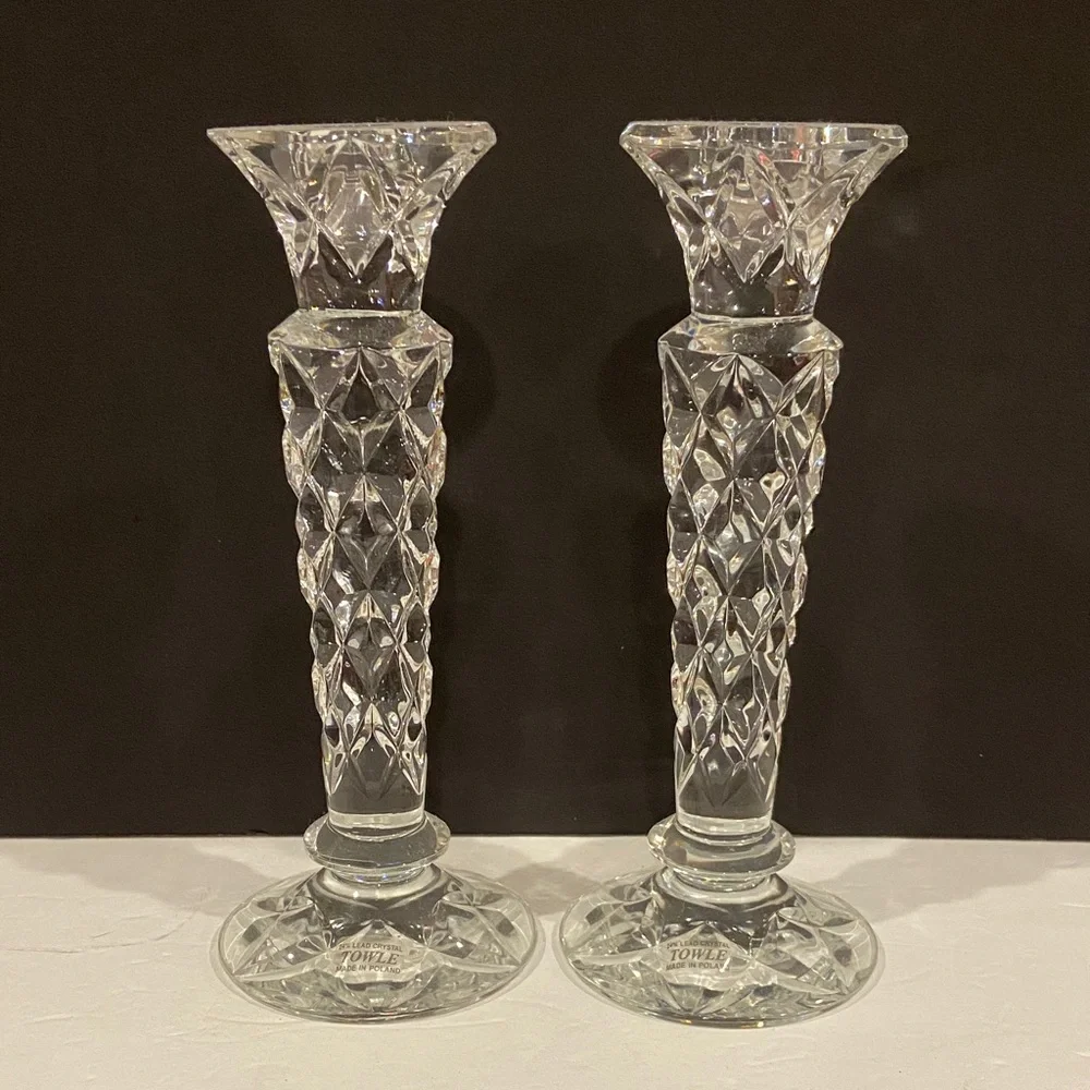 Set of 2 Towle 10” Leaded Crystal Tapered Candlestick Holders